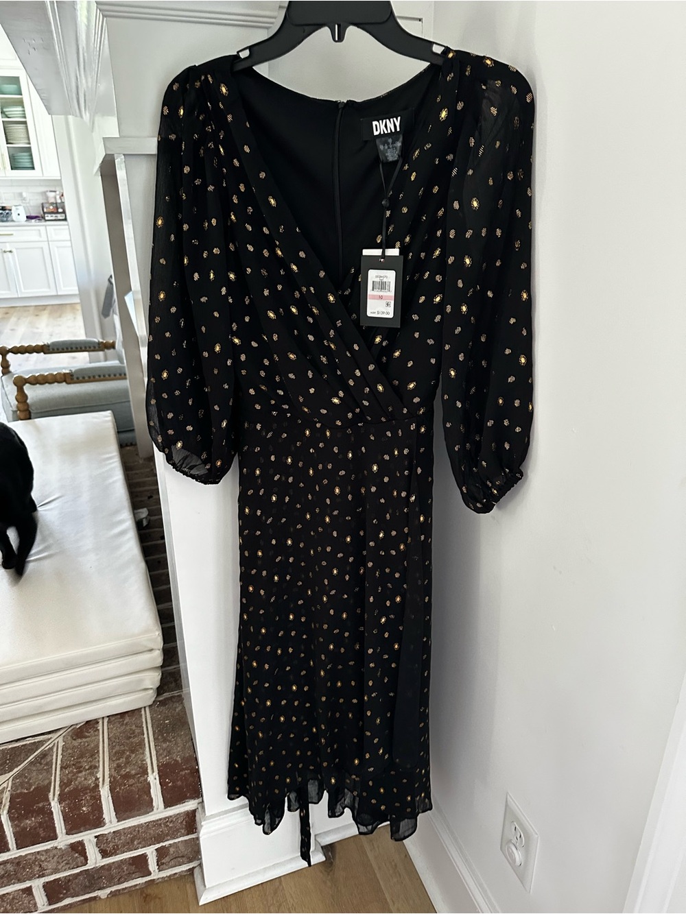 DKNY Black Midi Dress with Gold Dot Accents